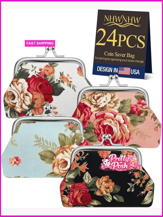 Handbags - Canvas Floral Kiss Lock Coin Purses, Mini Wallet Pouch Set